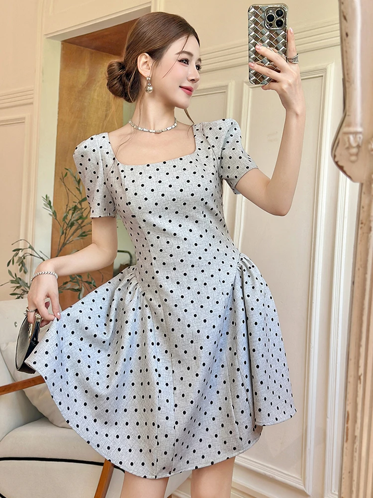 Mulheres roupas de rua retro dot print quadrado pescoço fino a linha mini vestido curto elegante senhora festa baile aniversário vestidos moda