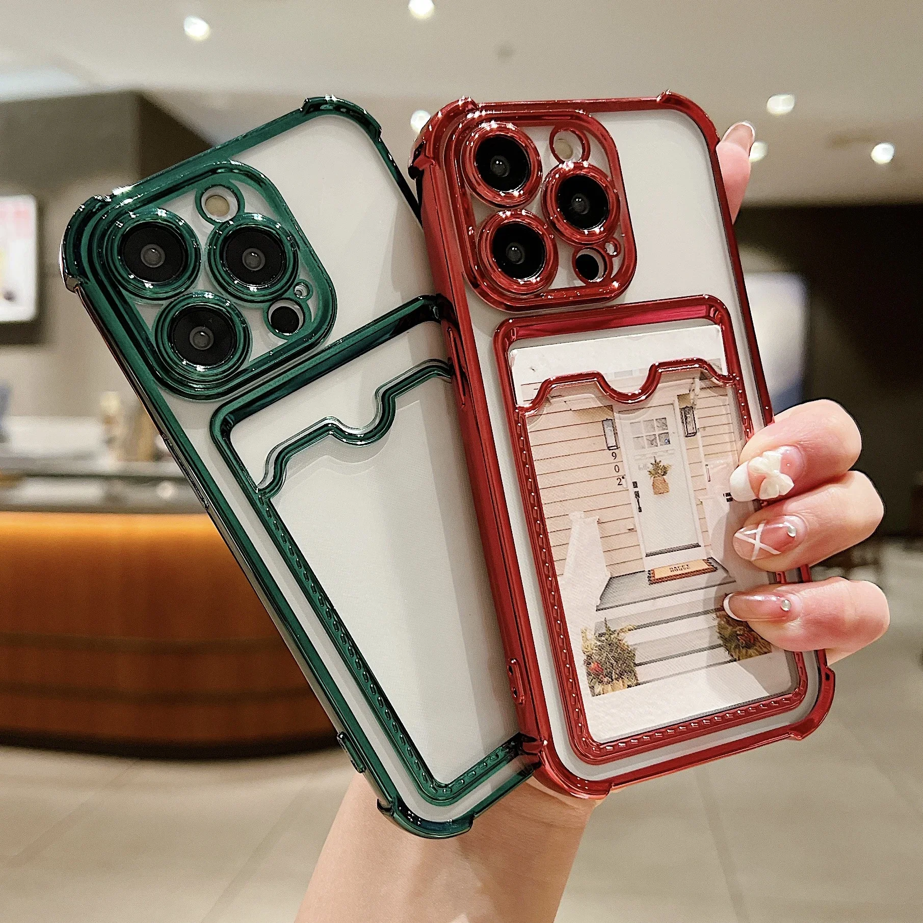 Luxury Plating Transparent Wallet Card Holder Phone Case For iPhone 15 14 13 12 11 Pro Max Plus Card Slot Shockproof Soft Cover