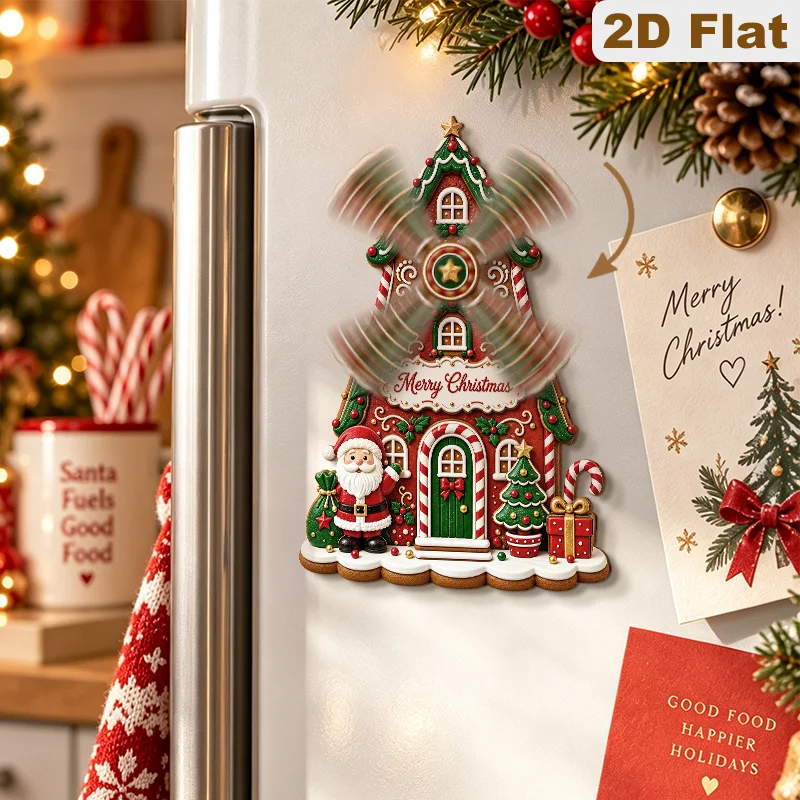 1PC Wooden Christmas Theme Santa Claus Windmill Gingerbread House Spinning Fridge Magnet 2D Flat Interactive Magnetic Refrigerat