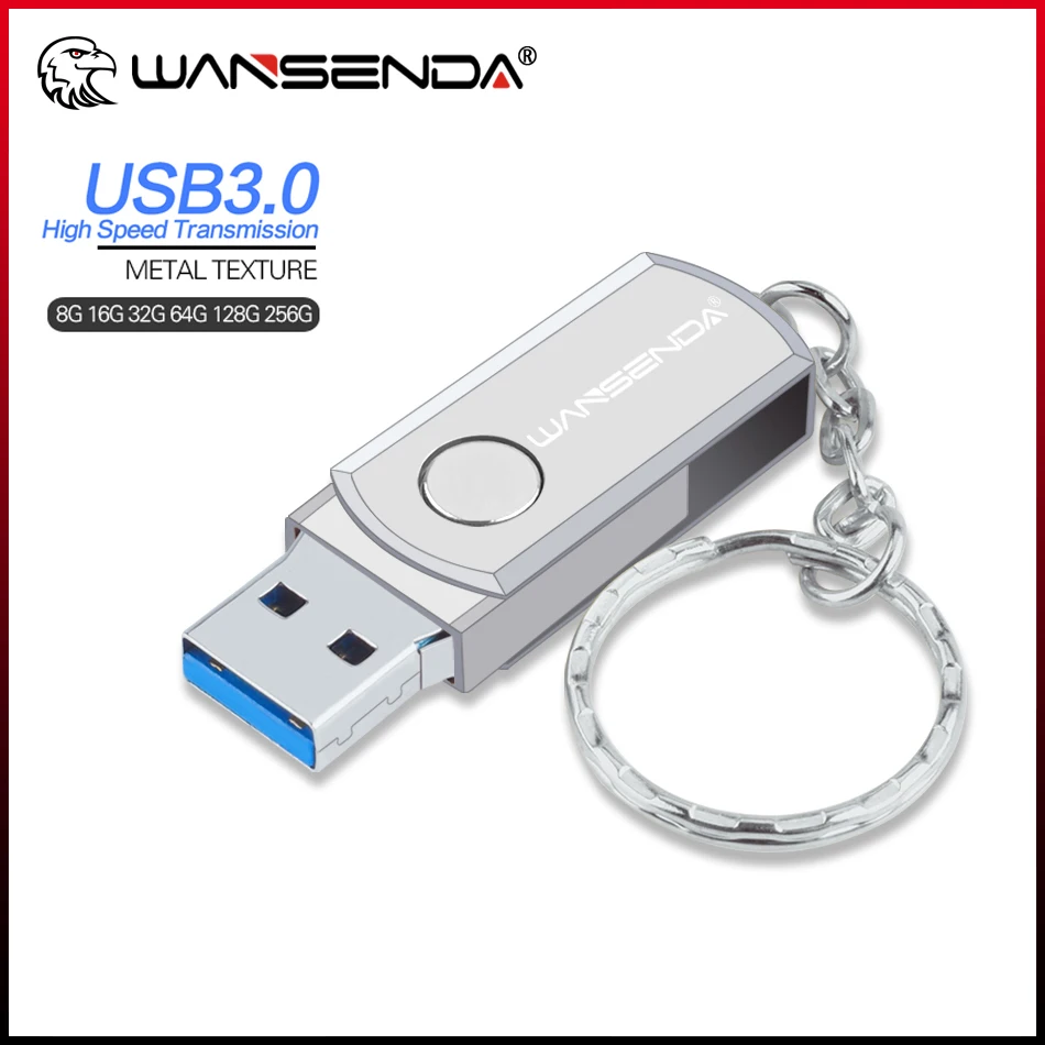 WANSENDA-unidad Flash USB 3,0 giratoria, Pen Drive de 8GB, 16GB, 32GB, 64GB, 128GB, 256GB, USB 3,0, lápiz de memoria, llavero