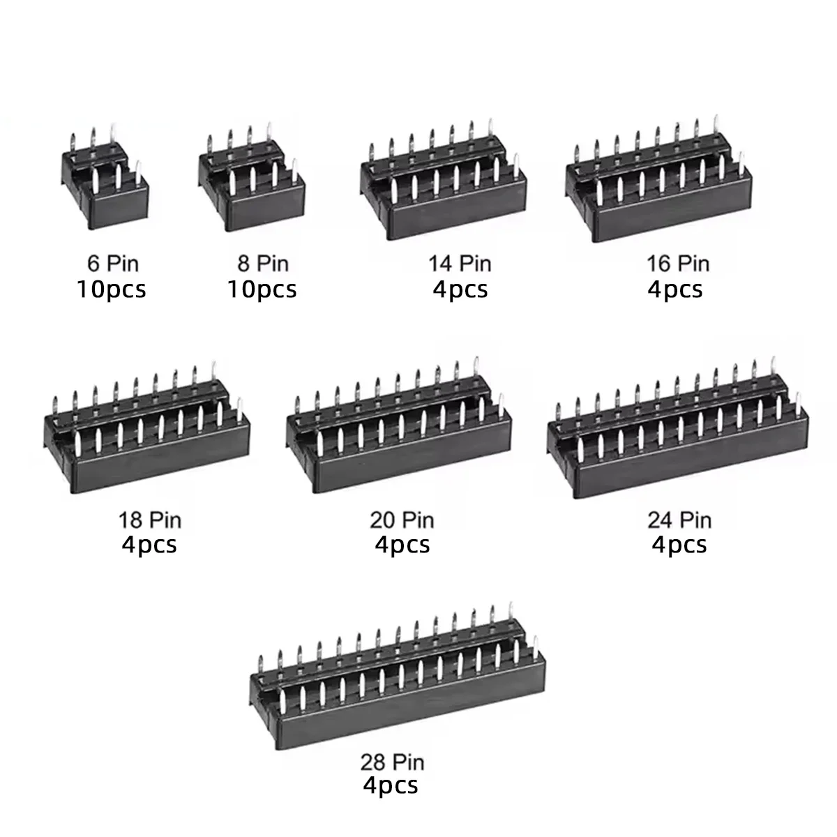 44pcs DIP IC Socket Kit 6Pin 8Pin 14Pin 16Pin 18Pin 20Pin 24Pin 28Pin PCB Chip Base Socket for MCU