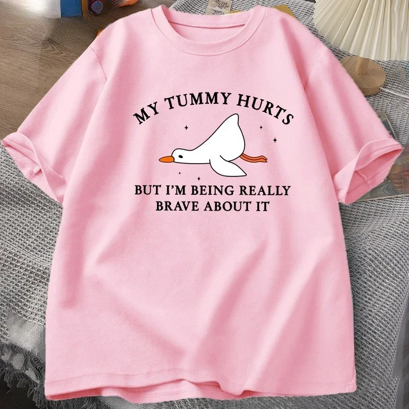 Mens and Kids Funny My Tummy Hurts But I'm Being Really Brave Silly Goose T Shirt Cotton Funny Loose Oversized Short Sleeved Tee