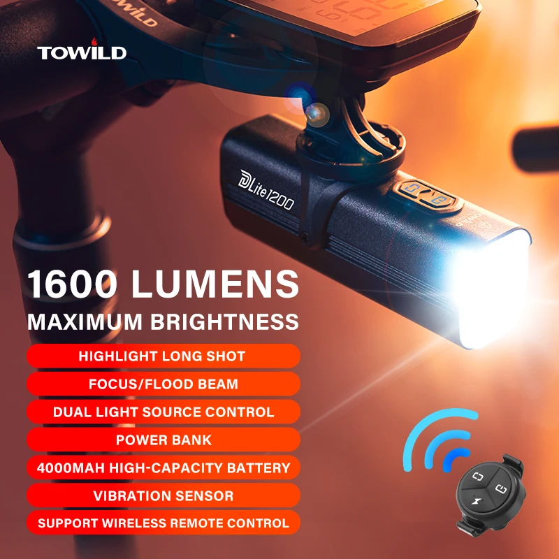 

TOWILD DLite1200 Bicycle Light 1600LM Focus/Flood Beam Dual Light Source LED Smart Bike Front Lights IPX6 Mtb Cycling Headlights