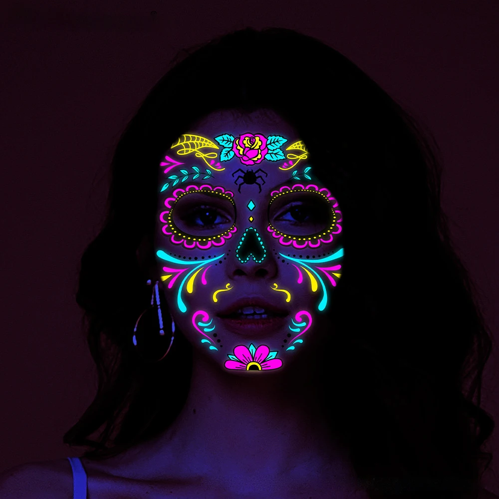 2022 Halloween Día de los muertos tatuaje temporal luminoso aterrador Festival de fantasmas calavera cara fiesta bola maquillaje pegatina tatuaje