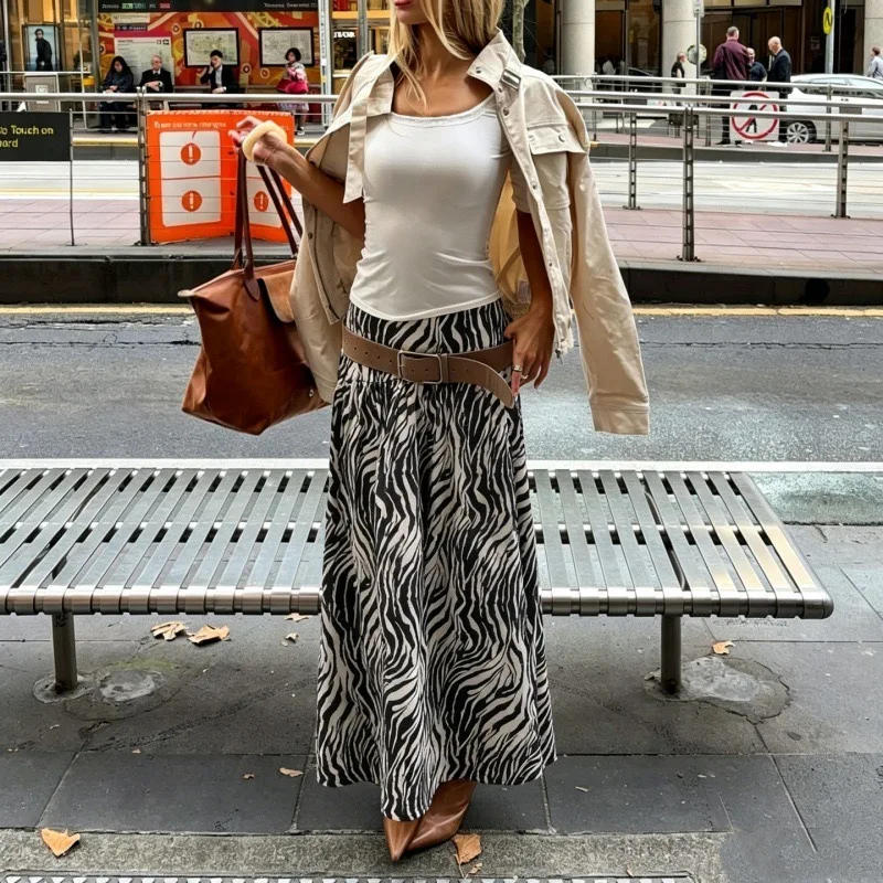 Zebra Print High Waist Midi Skirt Front Ruched Straight 2026 Autumn Vintage Street Women Bottom Skirt Elegant Casual Skirt