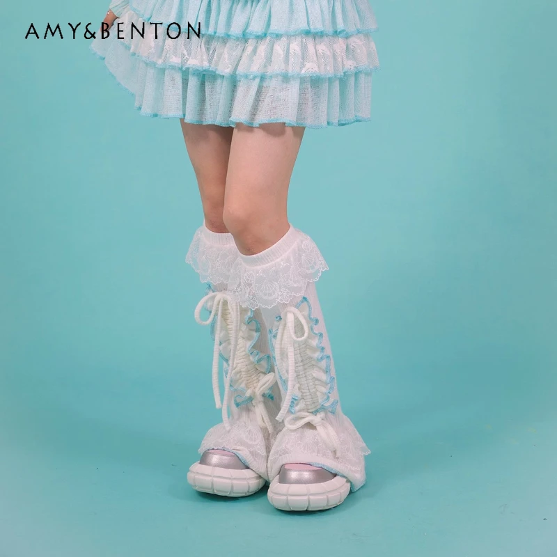 Original Design Girl Y2K Sweet Cute Women's Socks 2025 Summer New White Lace Splicing Strap Trim Sweetheart Foot Warmers Ladies