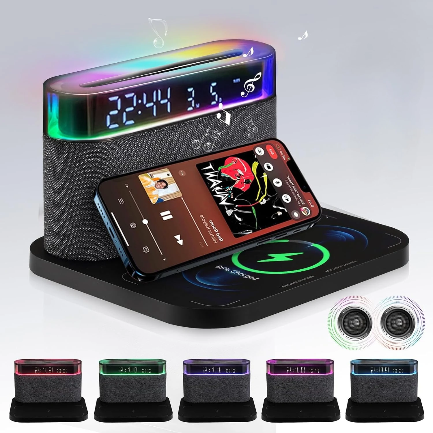 

Будильник Bluetooth 6-в-1 — беспроводное зарядное устройство, динамик, ночник (3 цвета) для IPhone, Apple Watch, зарядное устройство для iPhone AirPods