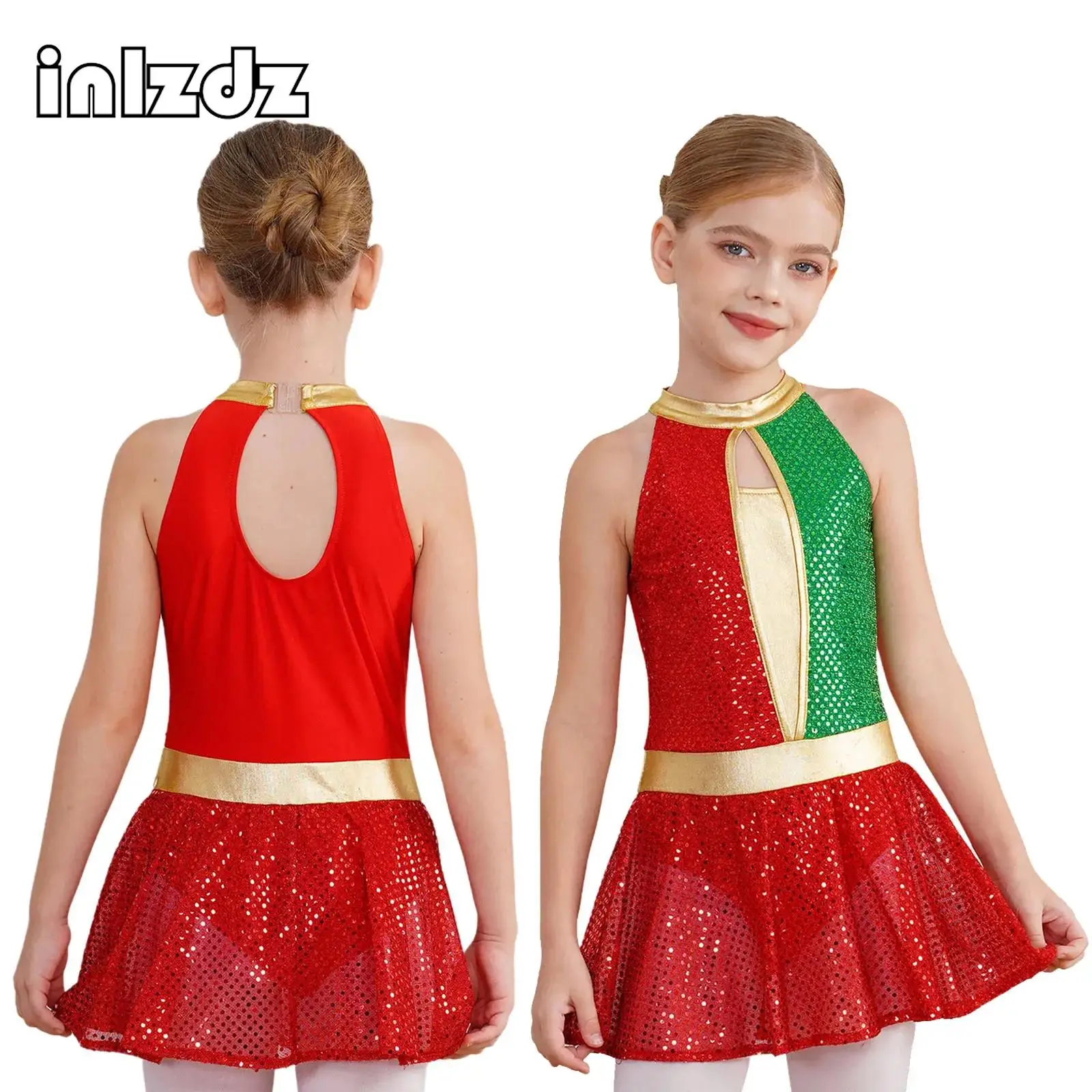 

Girls Christmas Ballet Leotard Dress Sleeveless Hollow Back Sequins Mesh Tutu Skirt Figure Skating Gymnastic Performance Costume