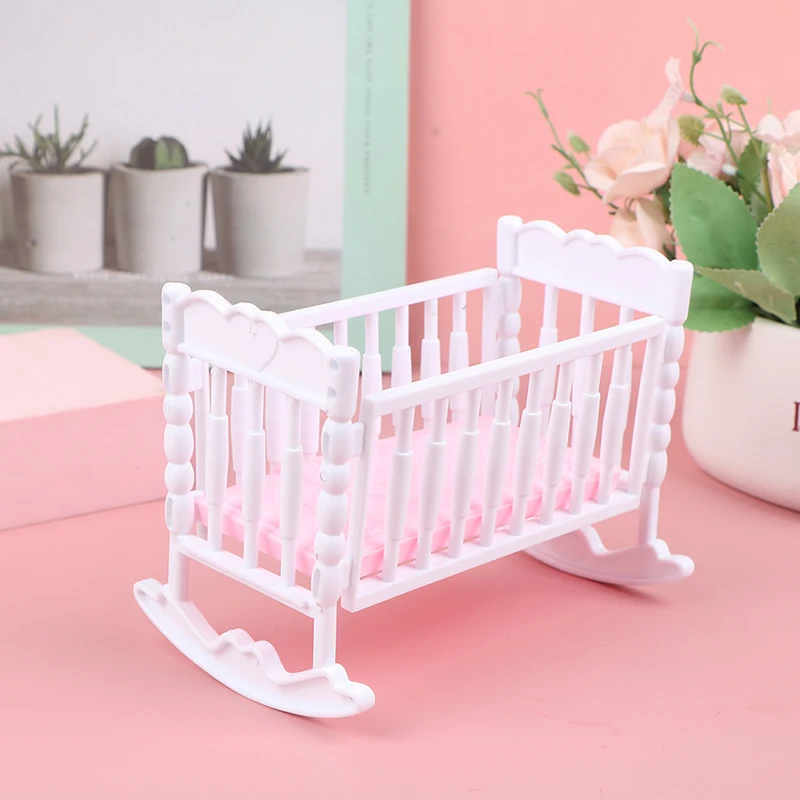 1:6 Miniature Dollhouse Furniture Light Pink White Baby Doll Shaker Toy Accessories Bed Cradle Crib Mini Doll House Accessories