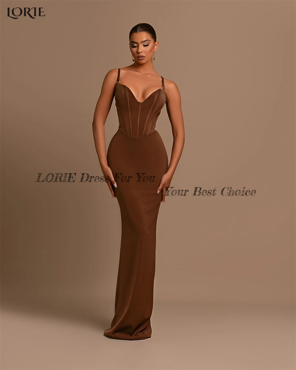 LORIE Brown Luxury Mermaid Evening Dresses Spaghetti Straps V-Neck Elastic Satin Prom Dress Saudi Arabia Beach Party Gowns 2022