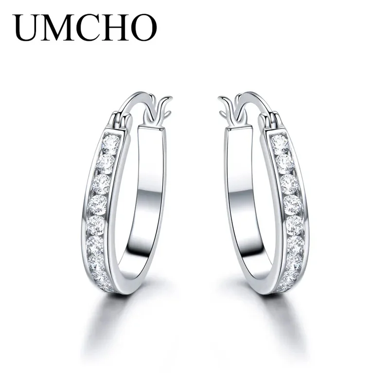 

925 Sterling Sliver Hoop Earrings White Zircon Secure Ear Buckle Simple Fashion 5A Zircon