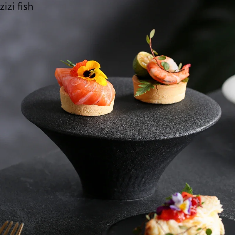 Frosted Ceramic High Footed Plate Creative Dessert Plate Snack Sushi Molecular Cuisine Tray Restaurant Circular Tableware