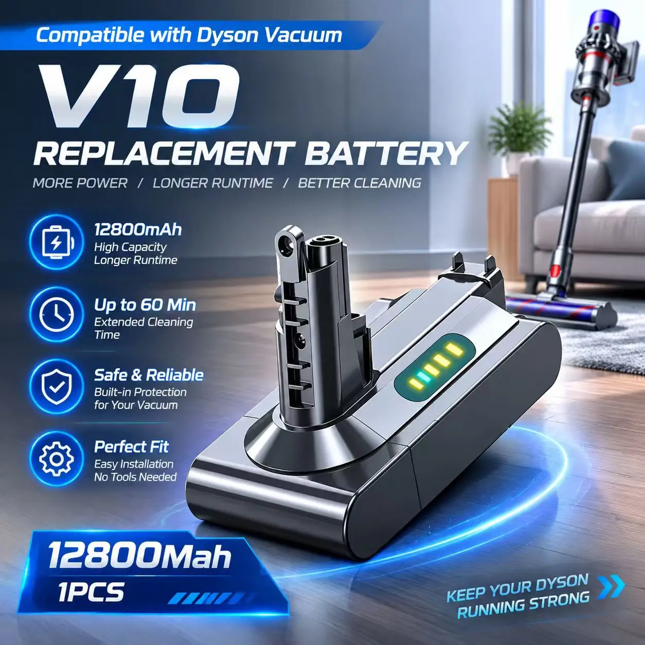 Ersatzakku für Dyson V10, 12800 mAh, V10 Absolute, Animal, Total Clean, Cyclone-Serie, kabelloser Staubsauger, Li-Ionen-Akku.