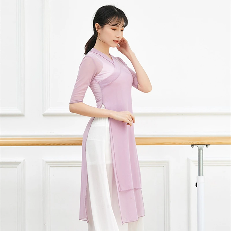Modern Dance Top Women Side Split Bilayer Front Gauze Sheer Middle Shirt Blouse See Through Body Rhyme Folk Hanfu Practice Tops
