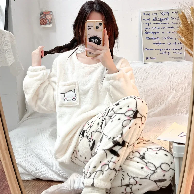 Kulomi winter pajamas pure cotton warm loose thickened round neck long casual two-piece set Sanrio loungewear set womens pajamas