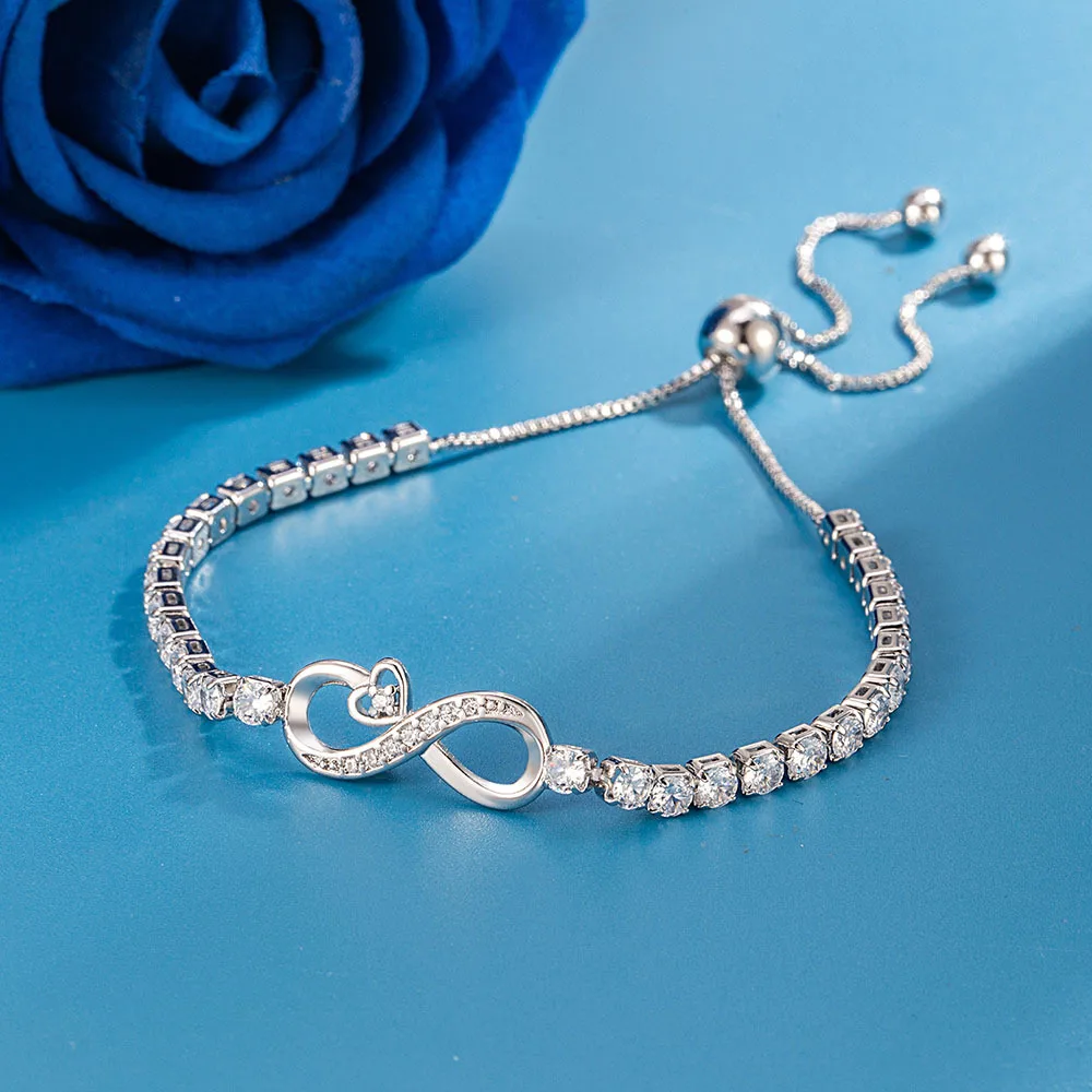 Simple Stylish 925 Sterling Silver Heart-shaped 8-shaped Roman Zircon Bracelet for Women Adjustable Elastic Beads Hand Jewelry