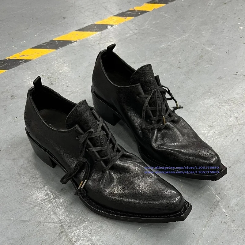 

Retro Pleated Leather Derby Shoes Pointy Toe Thick Heel Men's Singles Shoes Slip On Loafers Trendy Handmade Luxury Men's Shoes