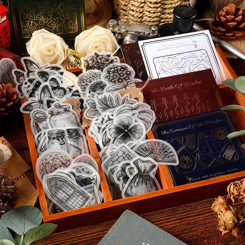 20 sheets Sticker black and white simple literary retro hand tent DIY decorative stickers bottle flower plants window 6 styles