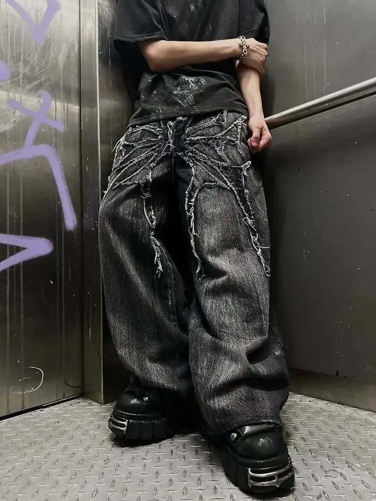

Black Ripped Y2k Loose Jeans Harajuku Hip Hop High Waist Jeans 2025 New Gothic Retro Jeans Men's and Women's Same Style