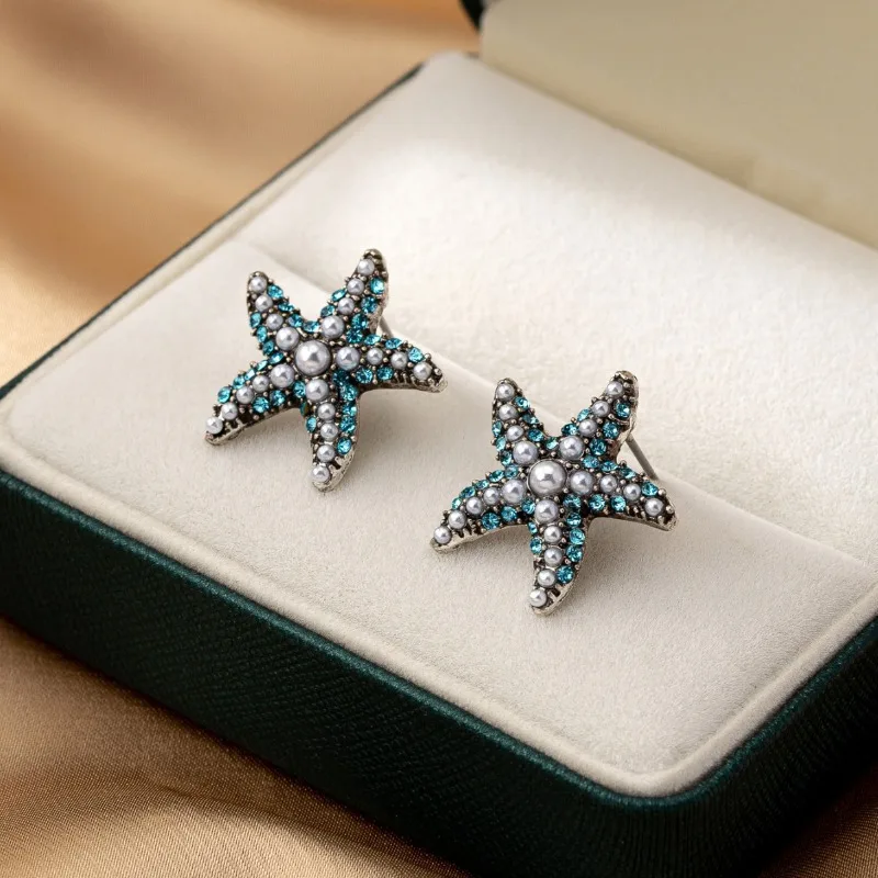 Blue Crystal Starfish Earrings Small Stud Earrings Rhinestone Sea Star Earring Summer Ocean Earring Jewelry for Women