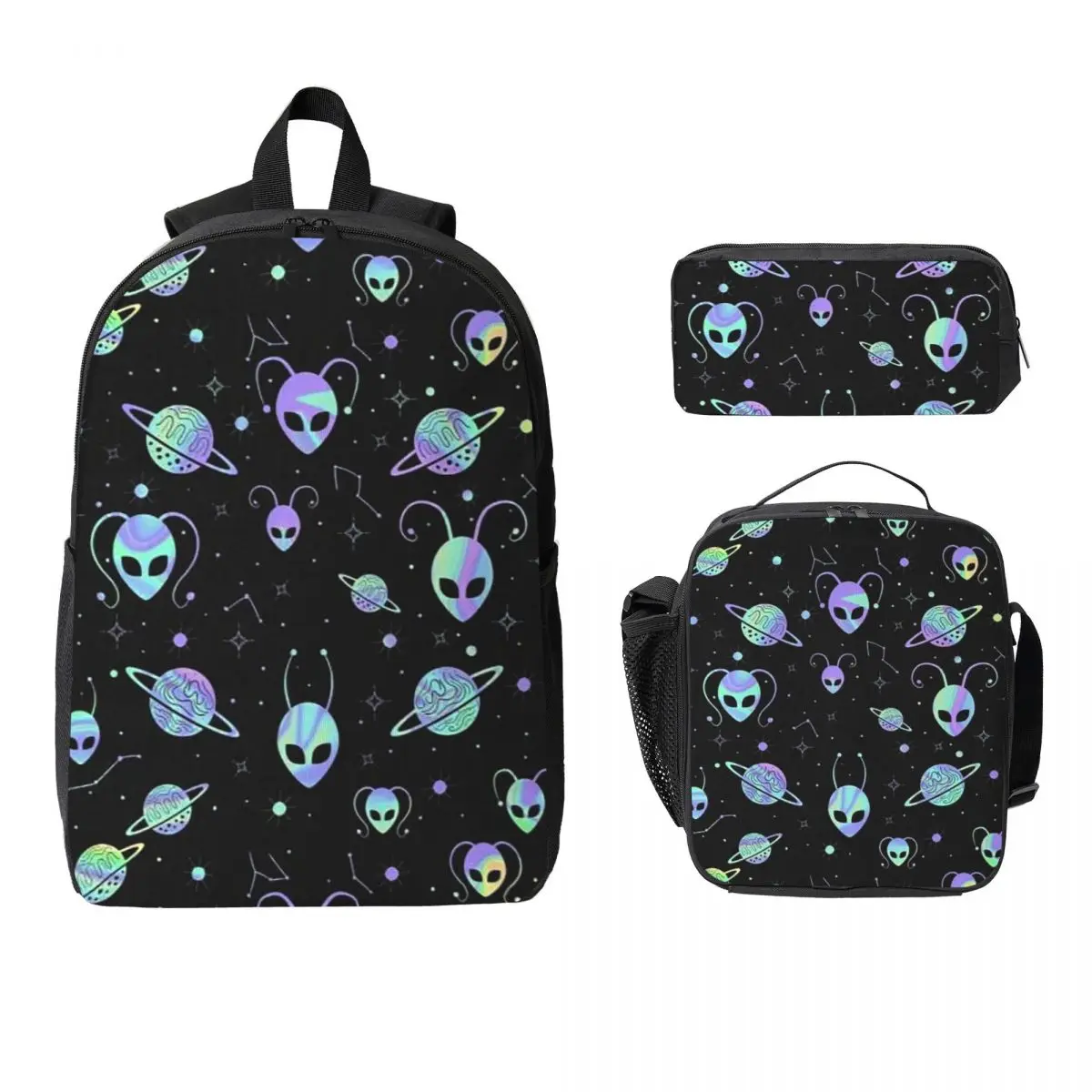 Fluorescent Green Alien Theme Backpack Student BookBag School Bag Computer Shoulder Bags 3ps Insulated Lunch Bag Pencil Case