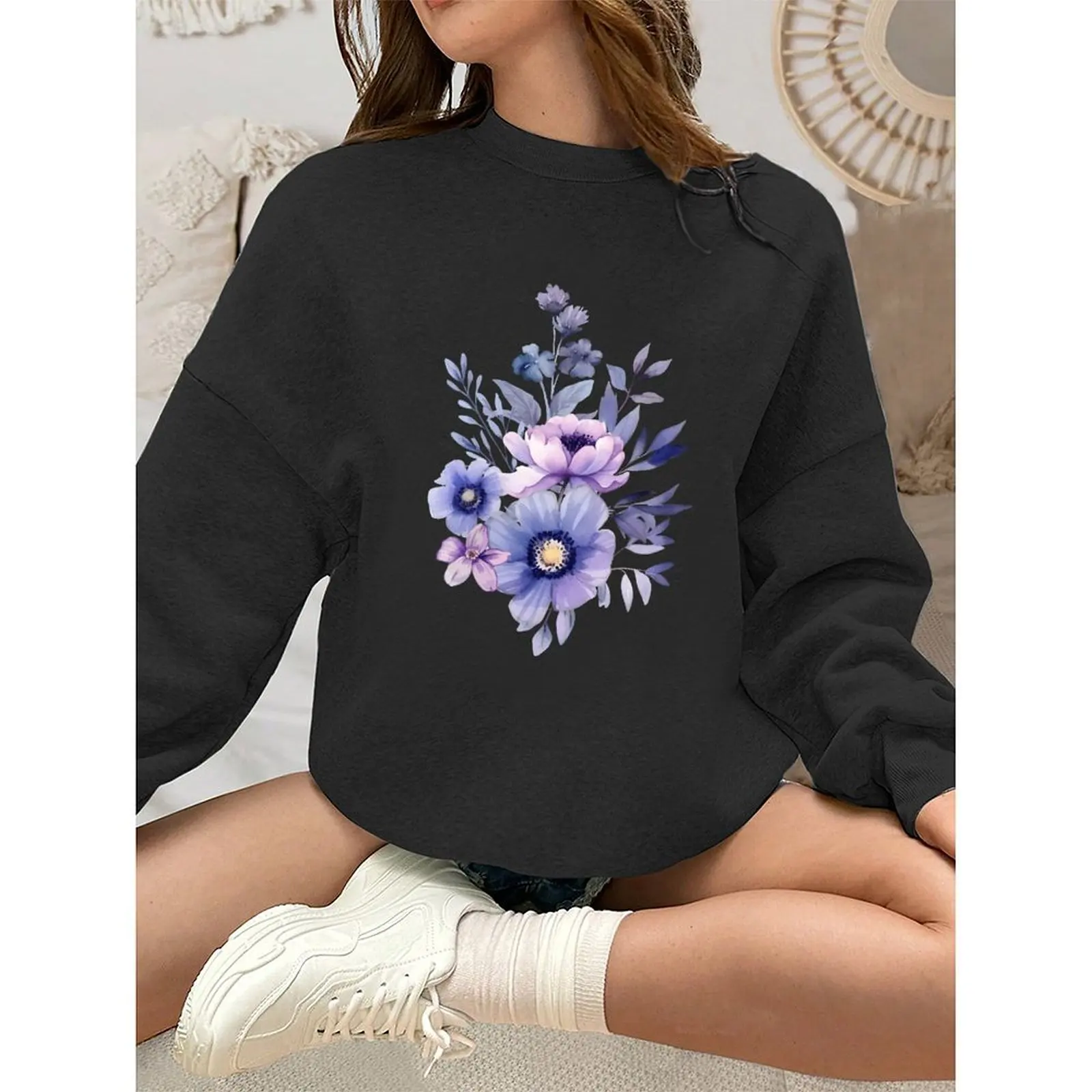 بلوزات نسائية برقبة دائرية ونمط مطبوع بلوفرات رياضية كاجوال فضفاضة مريحة مخملية بأكمام طويلة سترة شتوية للنساء