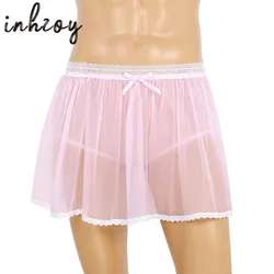 Gay Male Pink Skirt Mens See-Through Chiffon Sissy Crossdress Costume Lace Trim Skirted Panties Briefs Underwear Sleepwear