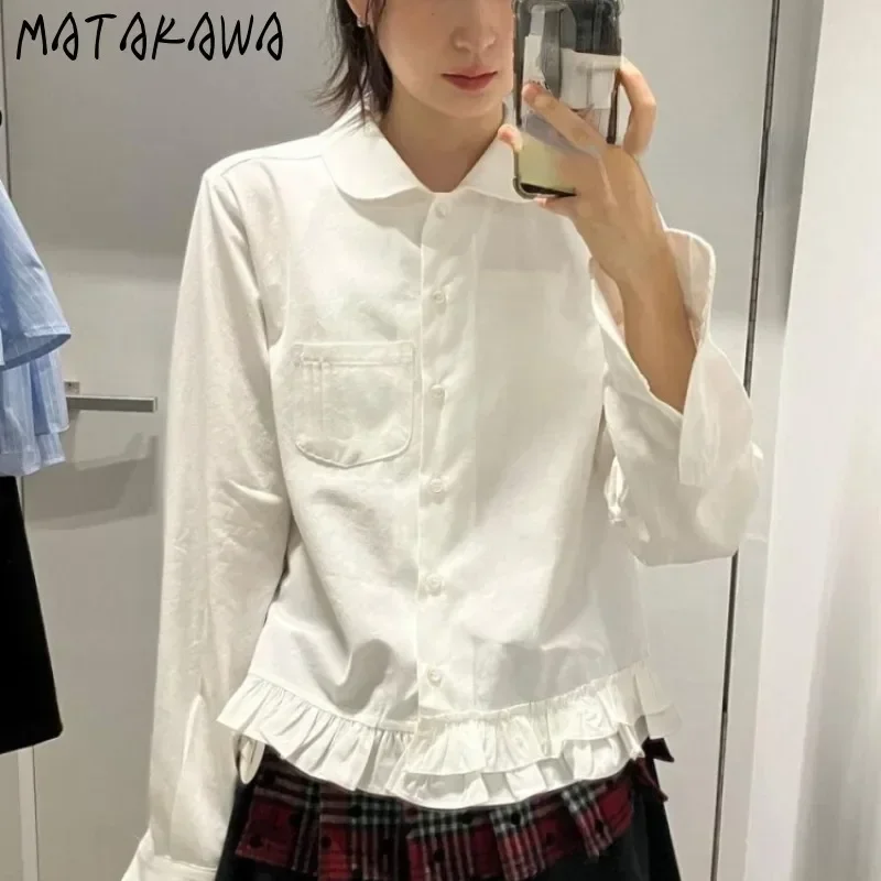 Matakawa Women Shirts Irregular Solid Ruffles Spring Autumn Vintage Sweet Blouses Korean Fashion Elegant Simple Blusas Mujer