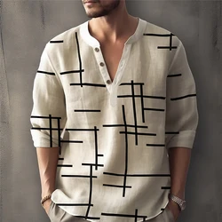 Abstract Striped 3D Printed Henley Shirts Men's Fashion Streetwear Oversized Button Long Sleeve T Shirt Tees Tops Man Clothing