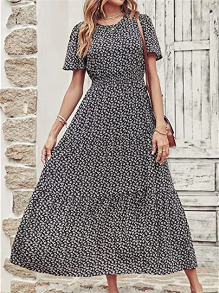 Thin Waist Panel Long Dress for Women Spring and Autumn New Fragmented Short Sleeve Bohemian Style O Neck Ladies Dress