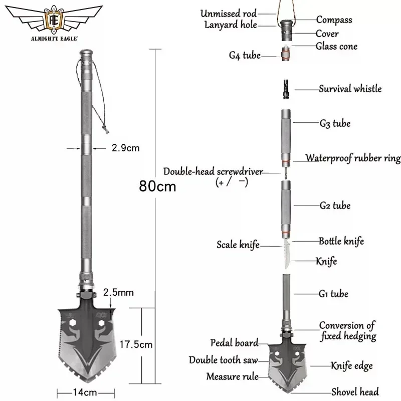 เครื่องมือขุดเหล็กคาร์บอนเครื่องมือขุดสวน Survival Shovel พร้อมมีดไขควงและเข็มทิศ