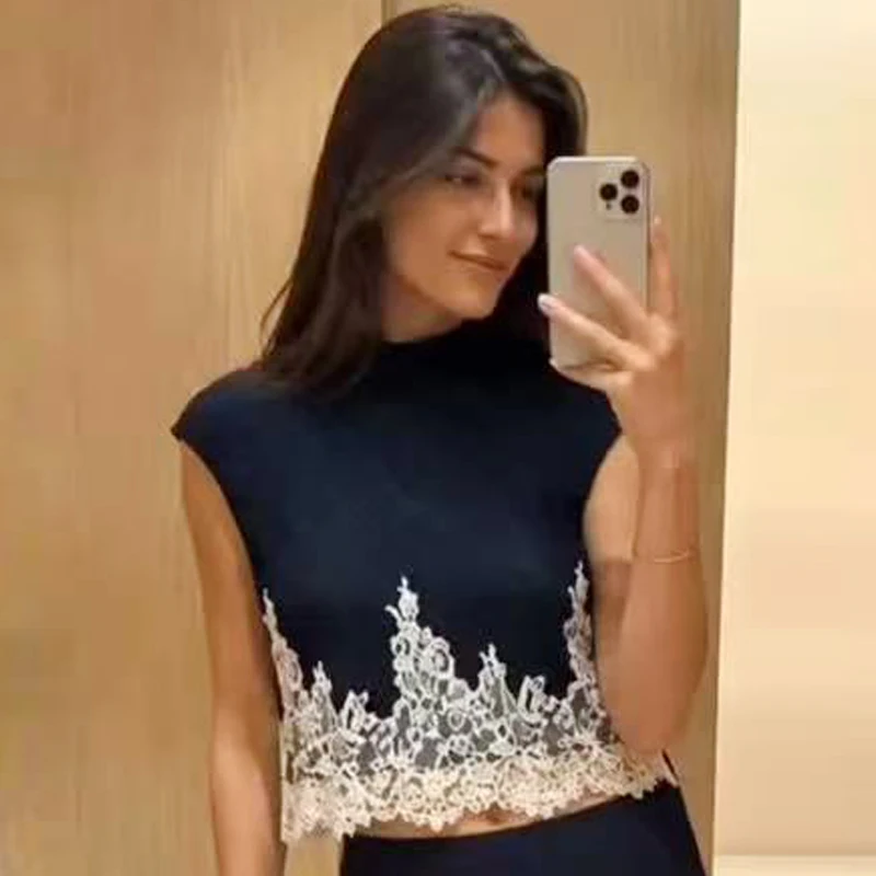 HXAO Spitzen-Crop-Top für Damen 2026 Korsett Dunkelblaues Tanktop Damenmode Plissiertes O-Ausschnitt Schlankes Ärmelloses Oberteil Elegante Urlaubstopps – Detail 8