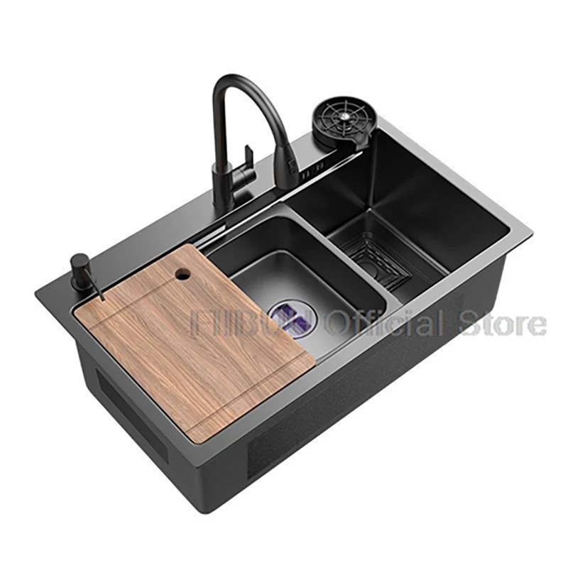 Kitchen Sink Thickened 304 Stainless Steel Double Track Stepped Multifunction Large Single Slot Wash/Cut/Drain in One Full Set