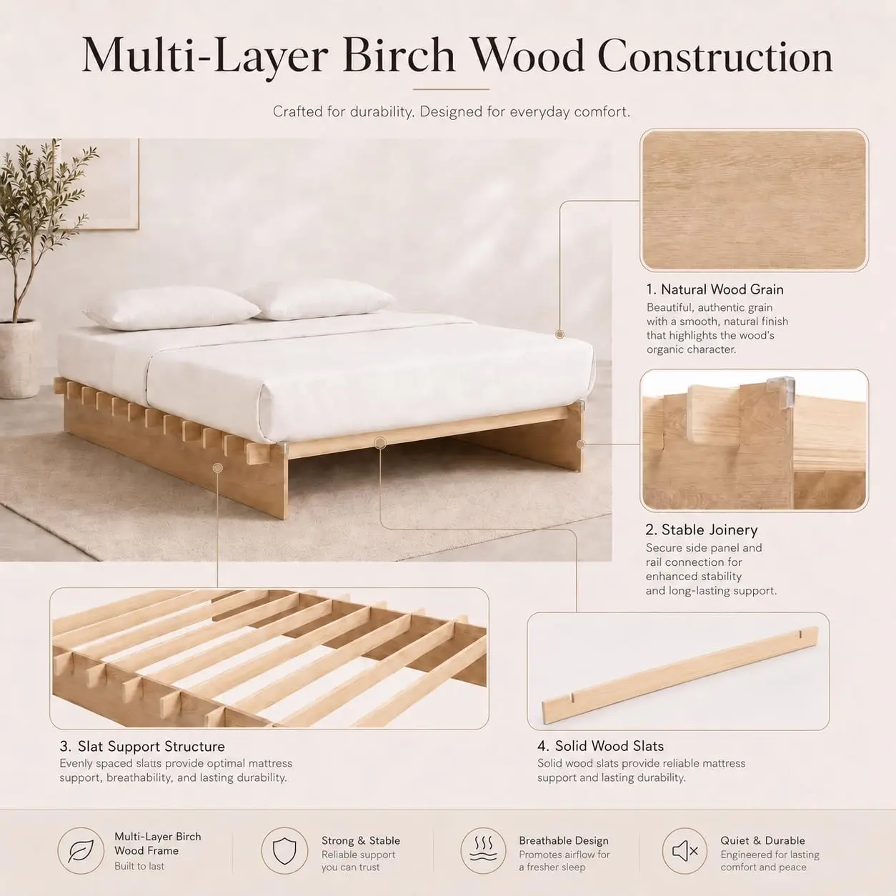 Queen Size Wood Platform Bed Frame, Japanese Joinery Tool-Free Assembly, Bedroom Furniture, Customized