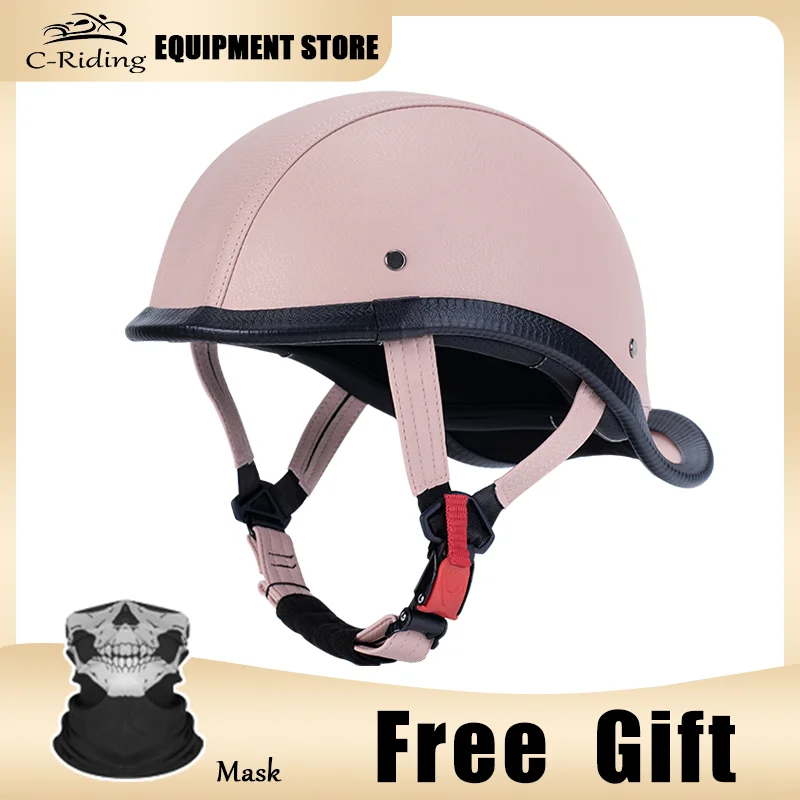 Pink Leather Curved Tail Motorcycle Semi Helmet Retro Cruise Motorbike Ridingsafety Men women Electric Bicycles Autumn Winter