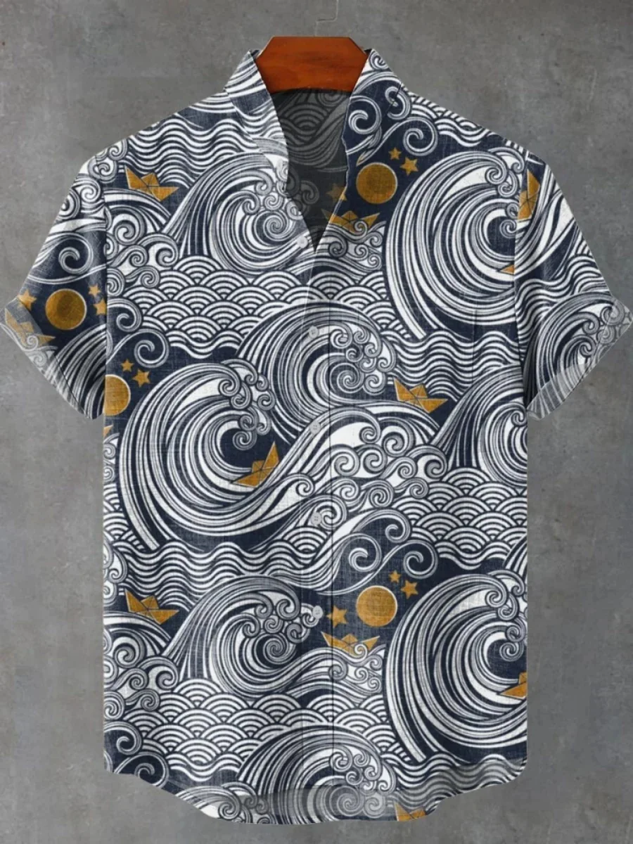 Men's Summer Short Sleeve Shirt Digital Print Linen Shirt Ocean Wave Octopus Pattern Casual Everyday Top