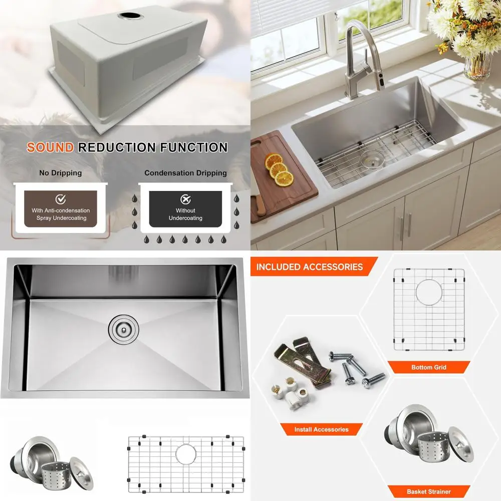 

27-дюймовая кухонная мойка из нержавеющей стали с нижним креплением, одной чашей, сливным фильтром и донной решеткой