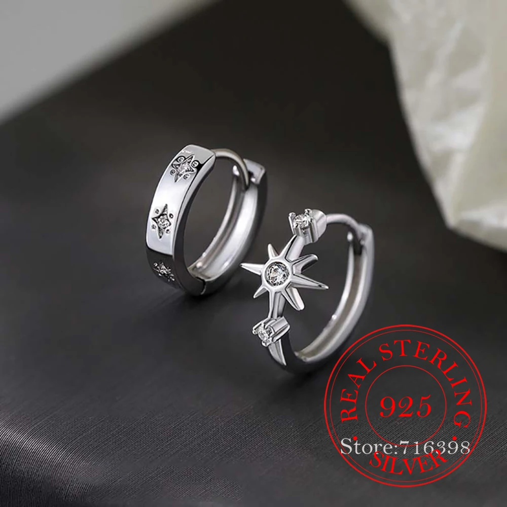 Real 925 Sterling Silver Jewelry Asymmetric Hexagram Hoop Earrings for Women Wedding Party Jewelry for Girls Friend Gift