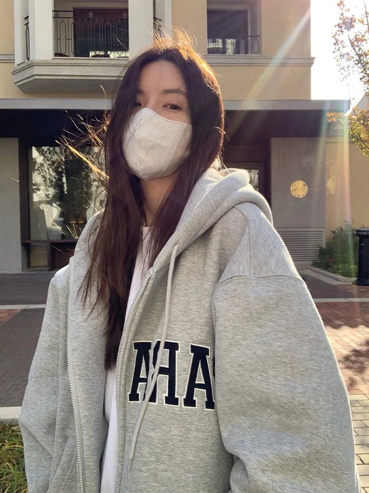 Sudadera con capucha de lana gruesa para mujer, abrigo informal que combina con todo, sudadera con estampado de letras de gran tamaño, ropa de calle