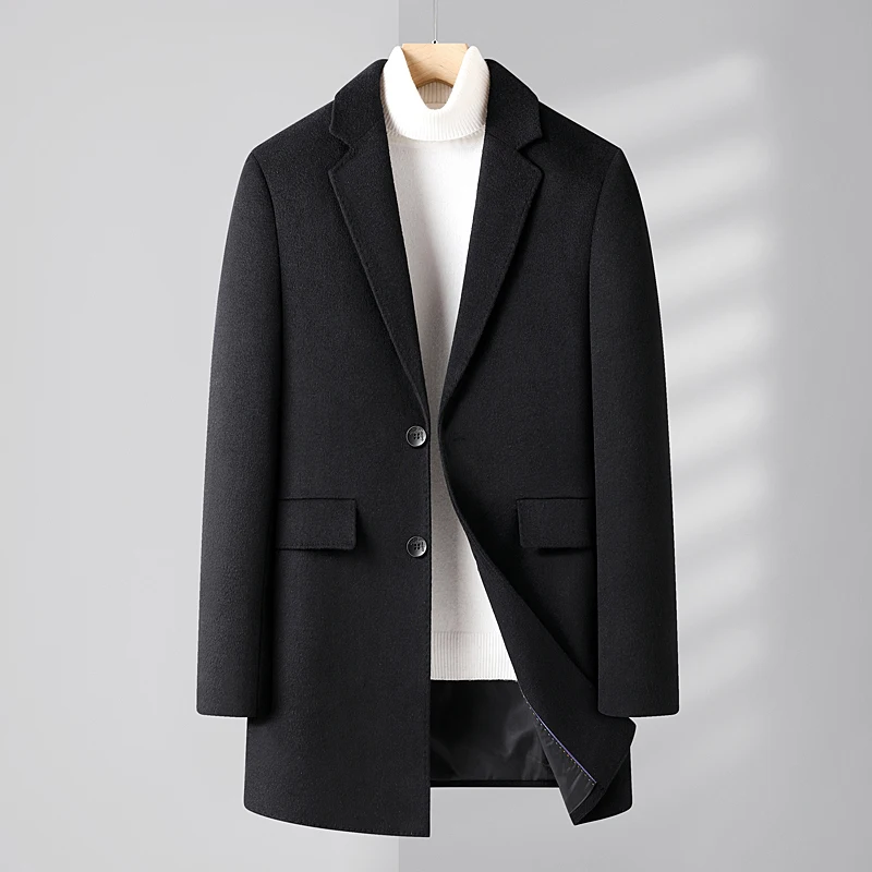 High Quality Men's Autumn Winter Mid-Length Wool Coat Business Casual Black Color Windbreaker Top Woolen Jacket Outwear Overcoat