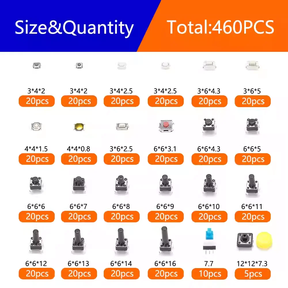 460pcs 24 Values Tact Switch Assortment Kit 2Pin 4Pin Micro Push Button Switches for Car Remote Control Home Appliances