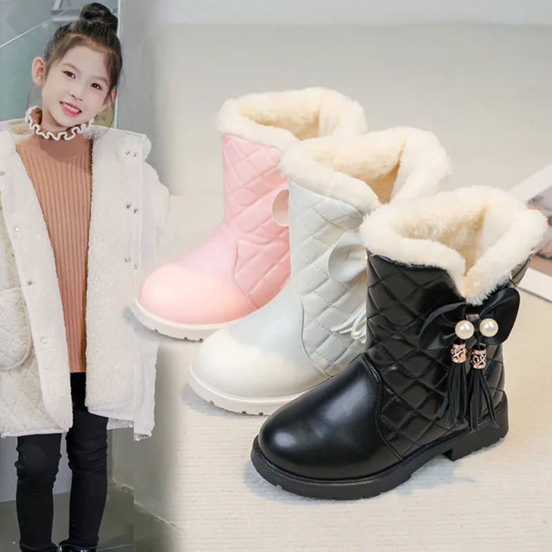 2026 New Winter New Fashion Children Princess Boots Waterproof Girls Warm Boots with Bow Kids Snow Boots with Fur Plush