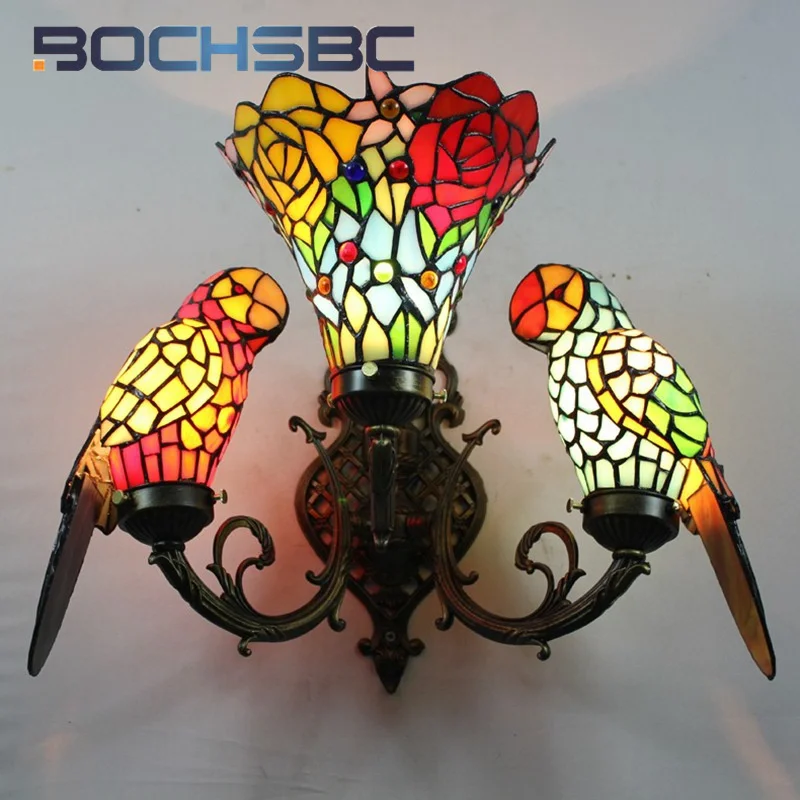 BOCHSBC Tiffany style stained glass three red rose parrot sconce light Restaurant bedroom headboard wall lamp aisle LED decor