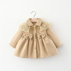 Spring And Autumn Baby Coat Bow Windproof Children'S Cotton Coat Lace Lapel Solid Color Sweet Children'S Clothing