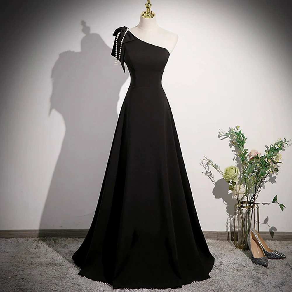 Elegante simples preto vestidos de noite feminino um ombro gola diagonal miçangas fita arco design vestido a linha longo