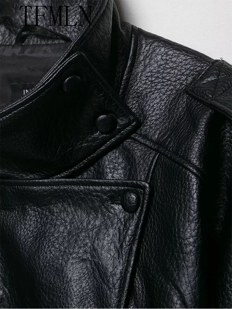 TFMLN 2025 المرأة فو الجلود سترة فضفاضة شارع العليا الوقوف طوق معطف طويل الأكمام موضة السببية سستة أبلى الخريف الشتاء #5