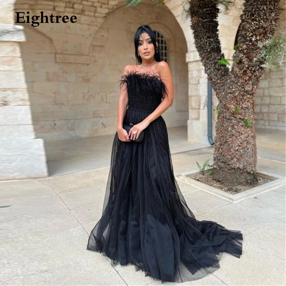 

Eightree Luxury Black Evening Dresses Feathers Saudi Tulle Sequined Party Dresses Prom Gowns For Women 2025 Dubai Abendkleider