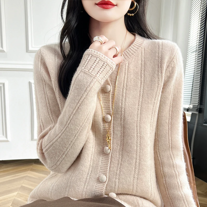 

ATTYYWS 100% wool new women's cardigan long sleeved sweater autumn and winter knitted hollow women's O-neck wool jacket sweater
