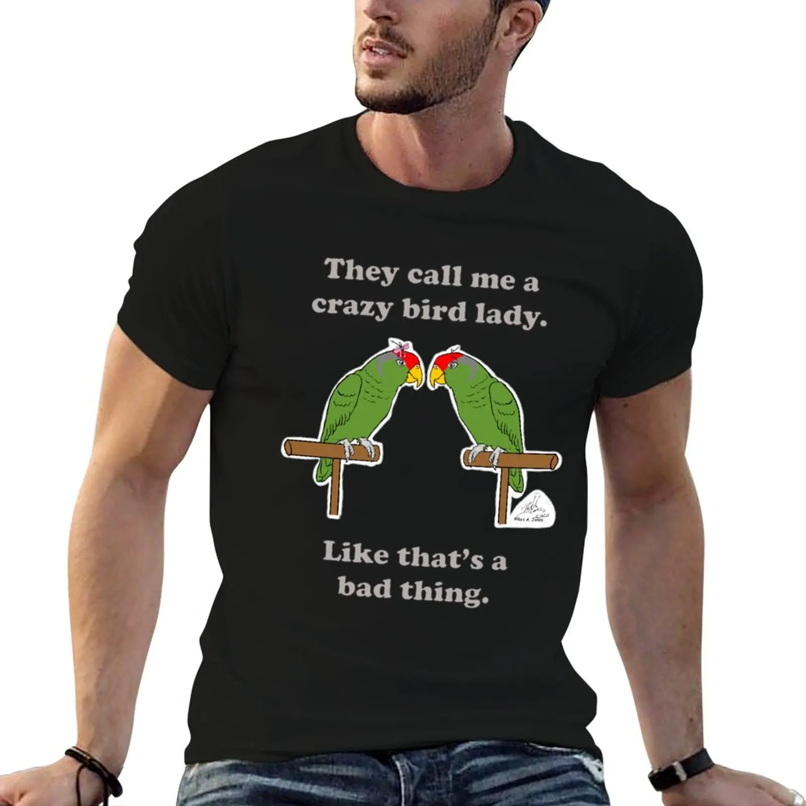 Crazy Bird lady with Red-crowned Amazons. T-Shirt summer 2026 hippie clothes Men's t-shirts
