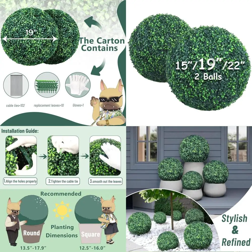 

19-дюймовые искусственные шары-топиарии из самшита (2 шт.), устойчивые к УФ-излучению, 4-слойная зелень для использования в помещении и на улице